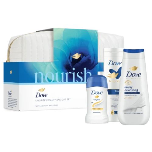 DOVE Zenski set 3/1 Nourish + Neseser - 090 ( kupka 225 ml Nourish+ losion 250ml Essential + stik 40ml original )