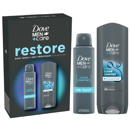 DOVE Muski set 2/1 Restore ( kupka 250 ml Clean Comfort + dezodorans 150ml )